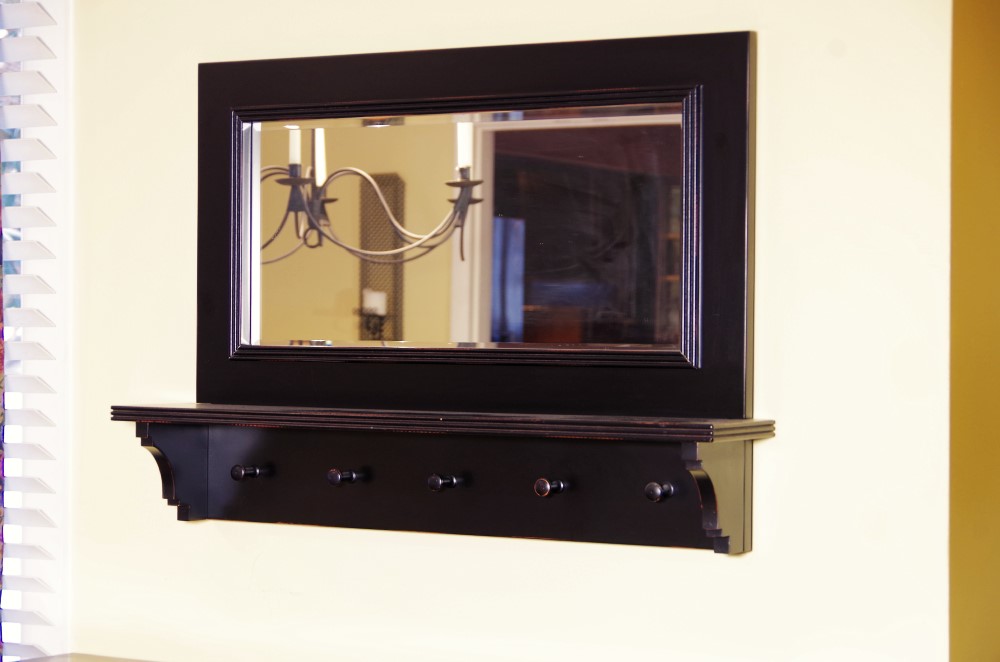 Contemporary Wooden Mirror and Shelf Unit with Peg Hooks