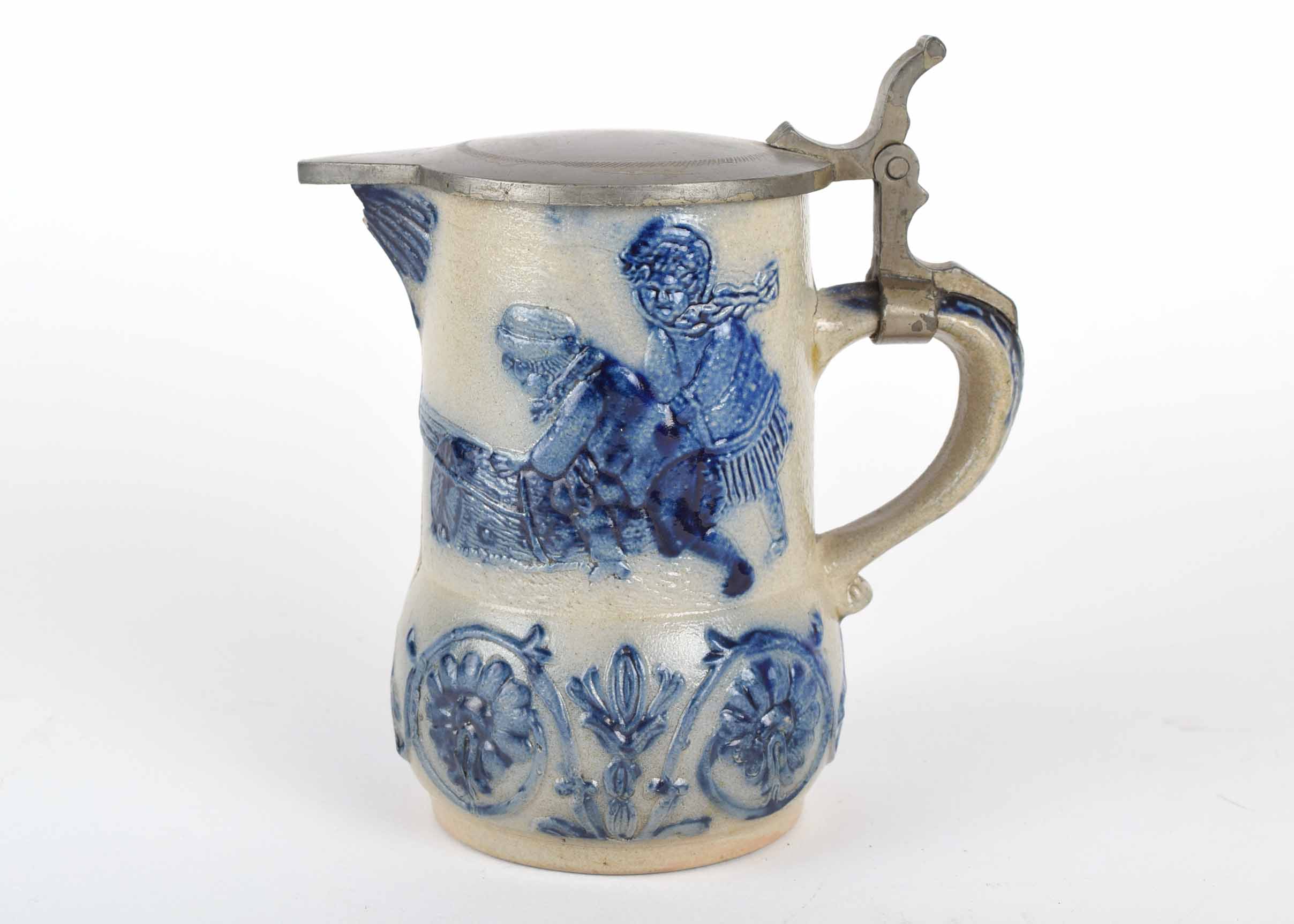 Antique Pewter Lid Blue and Grey Whites Utica Stoneware Pitcher with Children Playing Tug of War