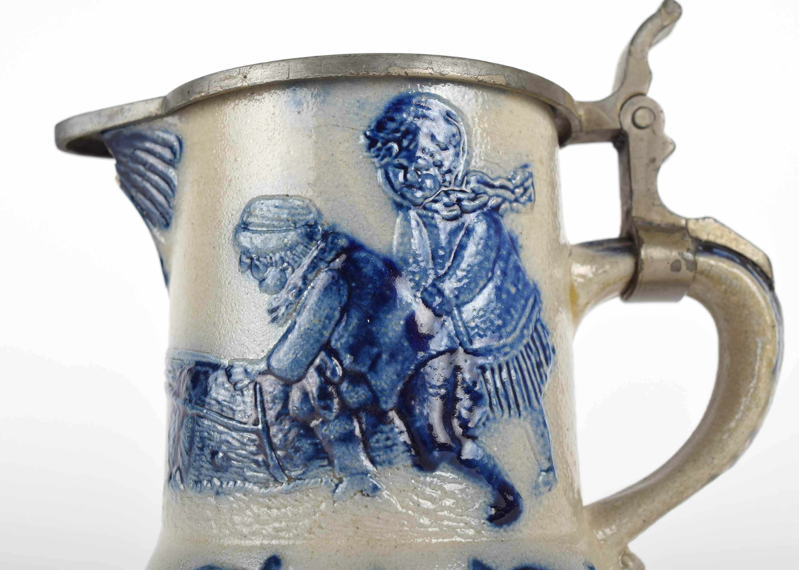 Antique Pewter Lid Blue and Grey Whites Utica Stoneware Pitcher with Children Playing Tug of War