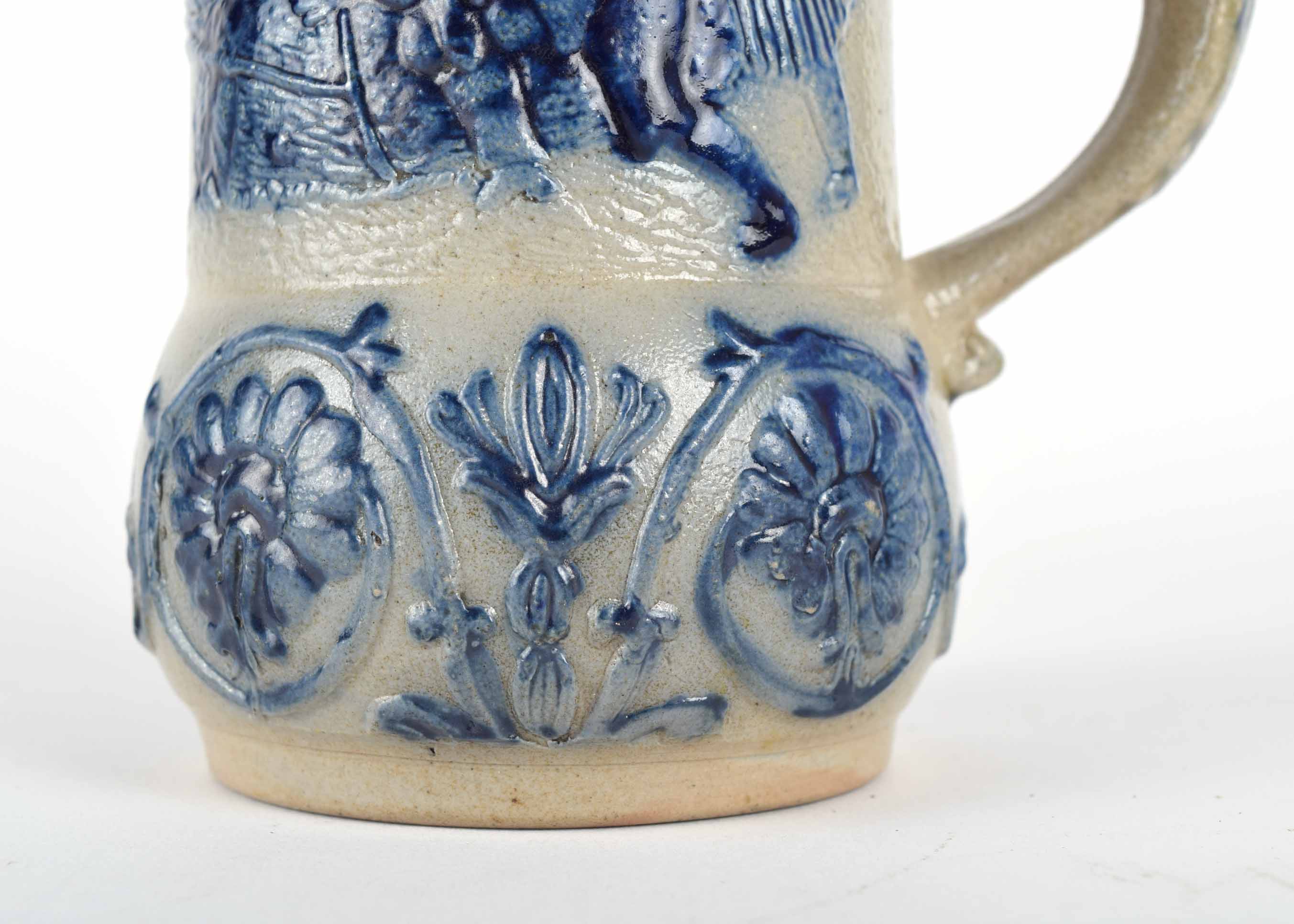 Antique Pewter Lid Blue and Grey Whites Utica Stoneware Pitcher with Children Playing Tug of War