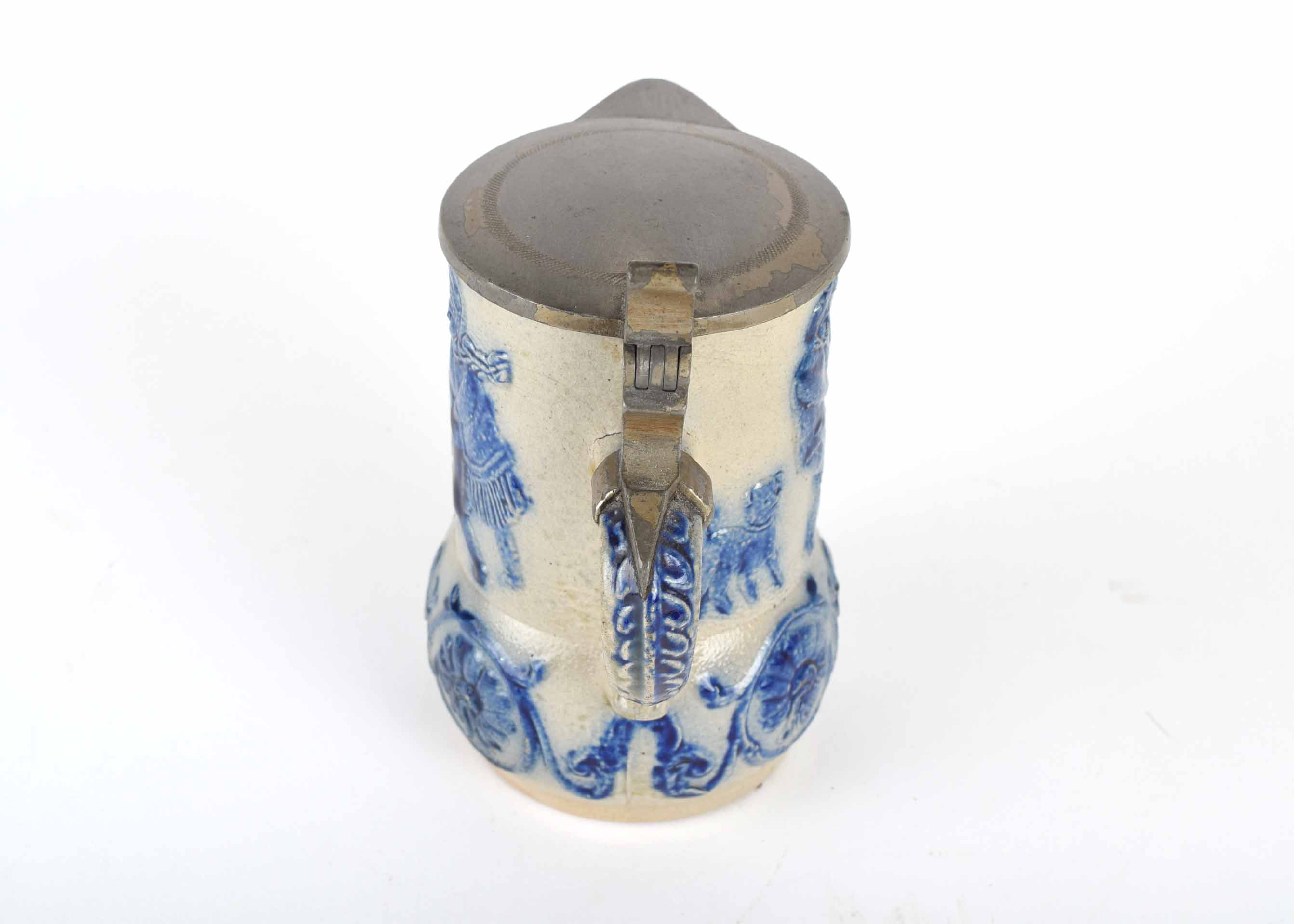 Antique Pewter Lid Blue and Grey Whites Utica Stoneware Pitcher with Children Playing Tug of War