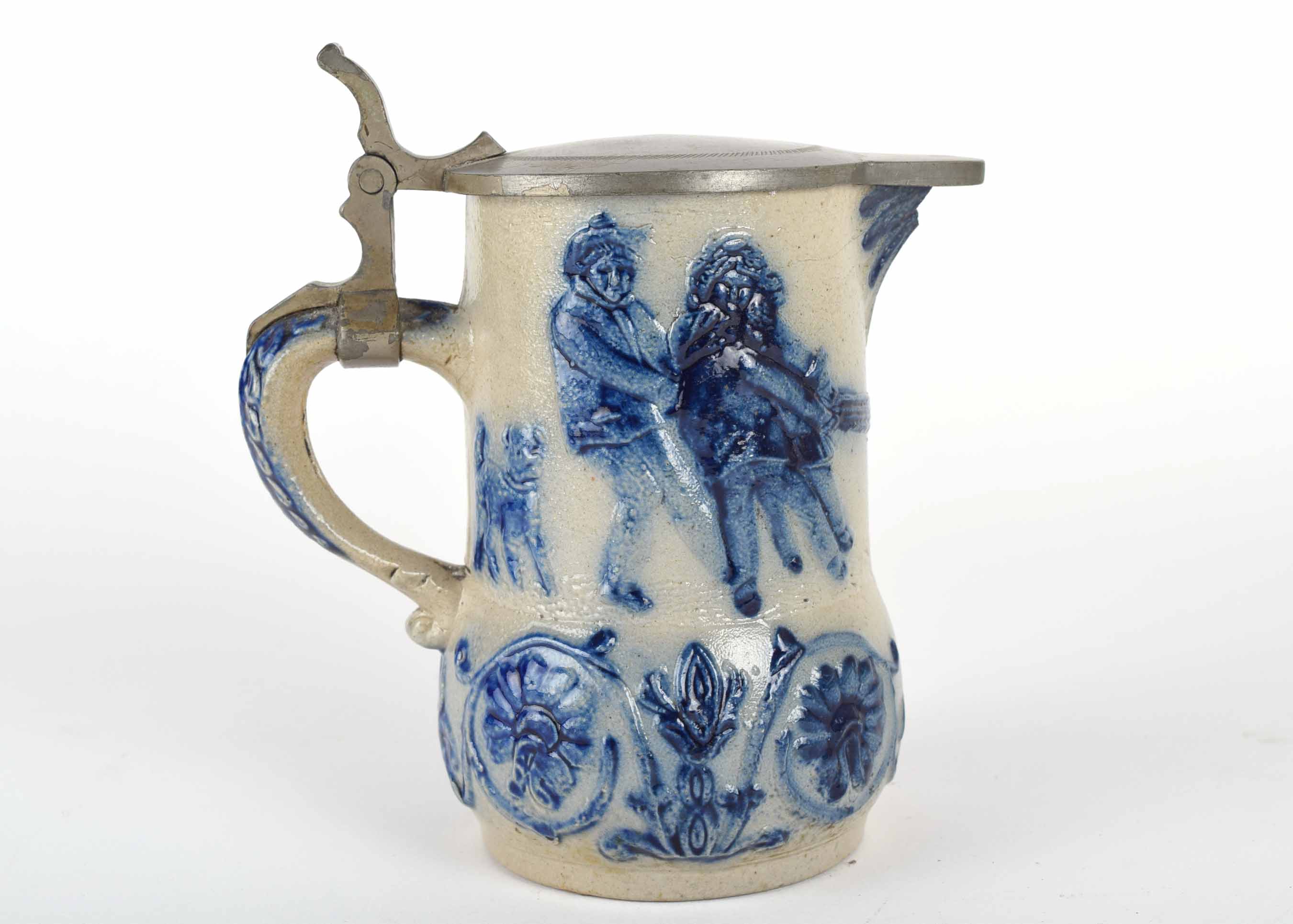 Antique Pewter Lid Blue and Grey Whites Utica Stoneware Pitcher with Children Playing Tug of War