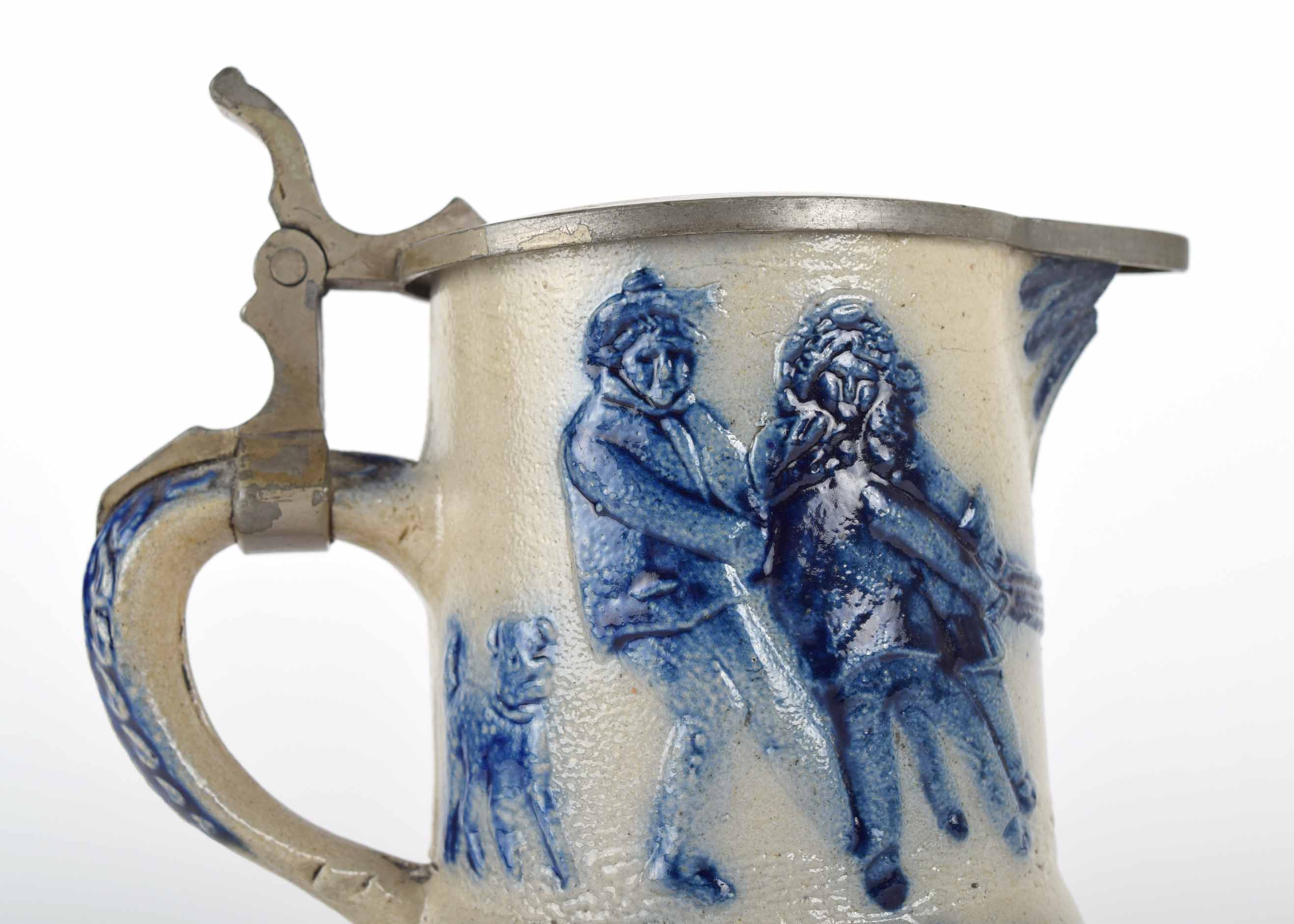 Antique Pewter Lid Blue and Grey Whites Utica Stoneware Pitcher with Children Playing Tug of War