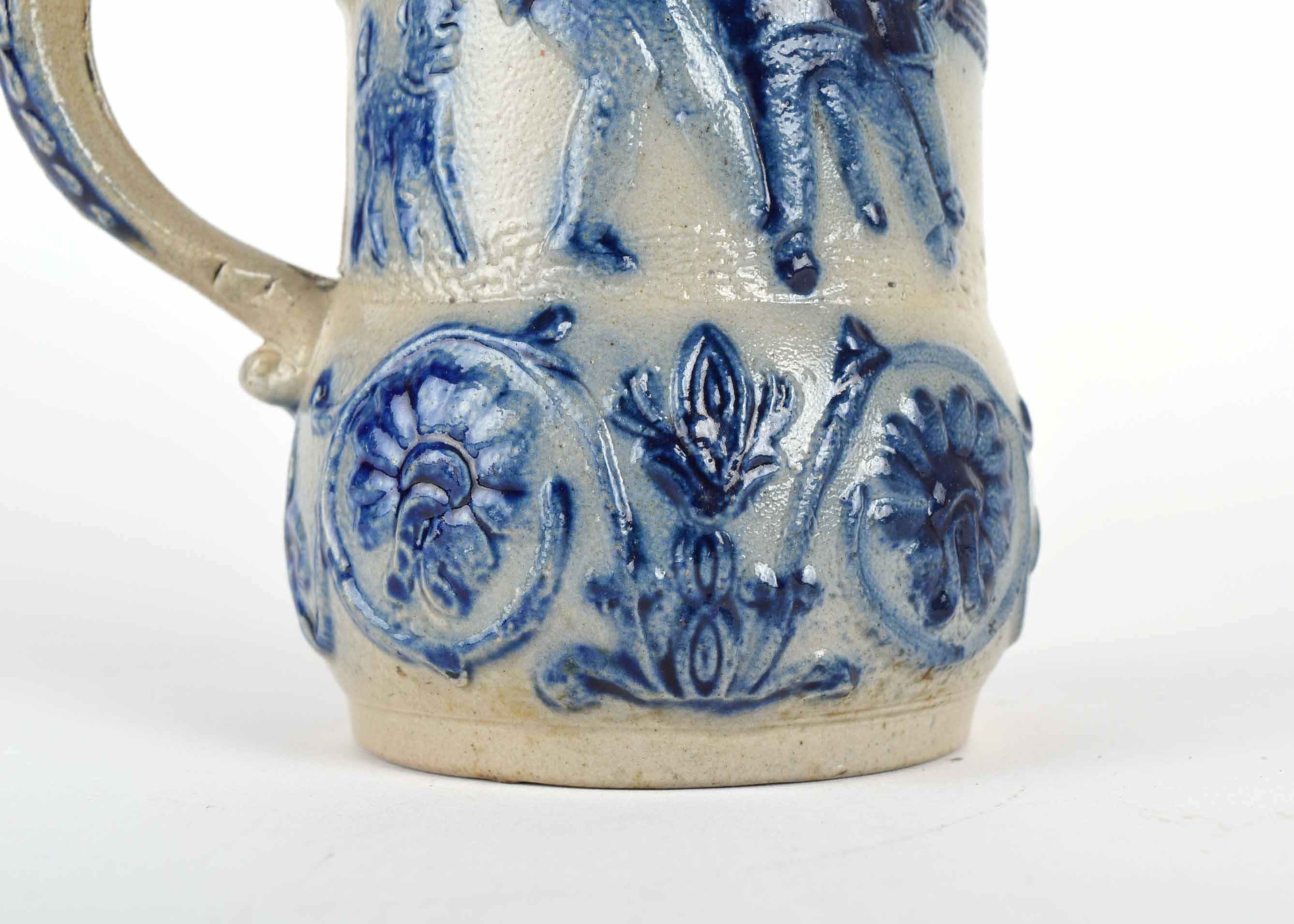 Antique Pewter Lid Blue and Grey Whites Utica Stoneware Pitcher with Children Playing Tug of War