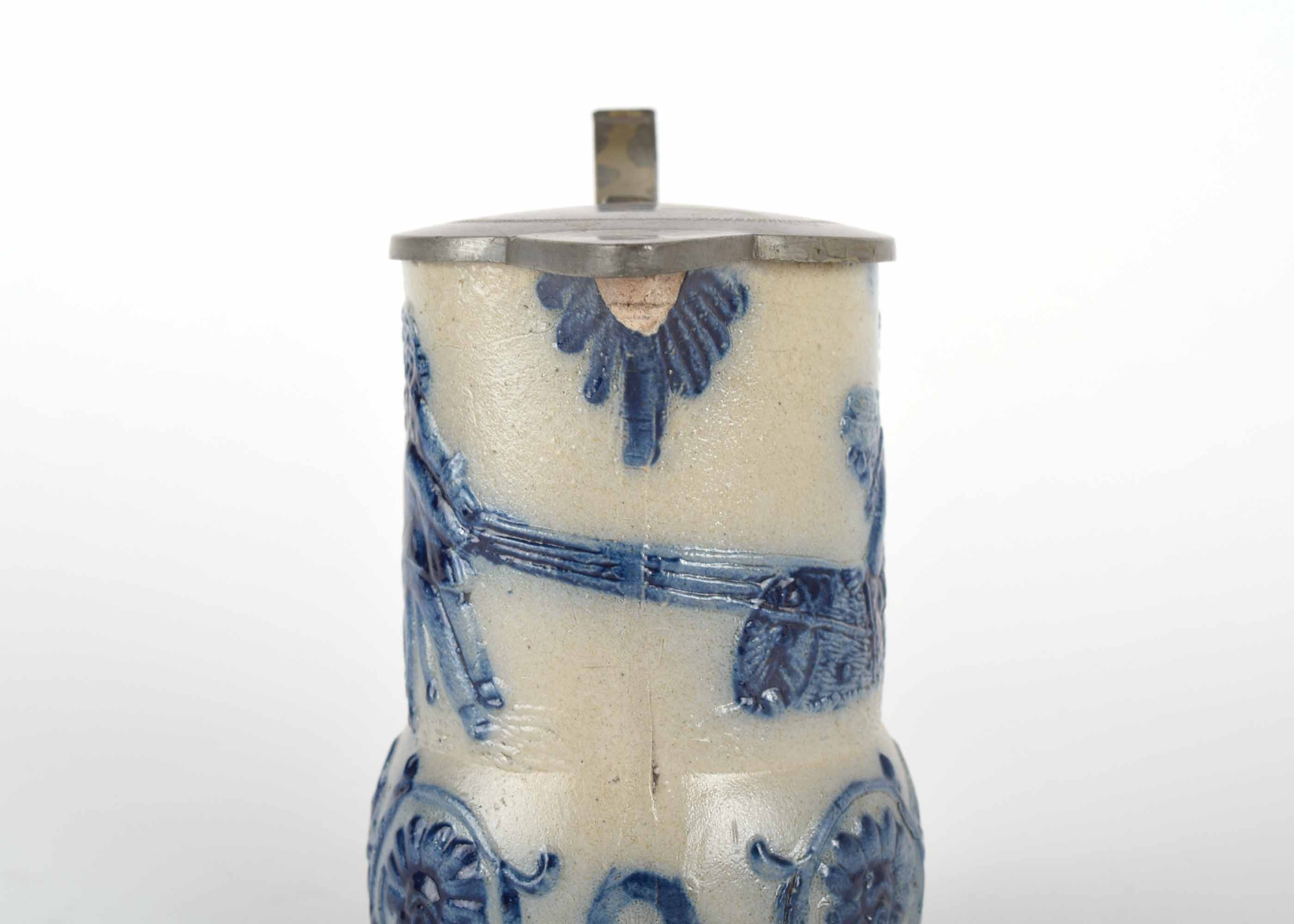 Antique Pewter Lid Blue and Grey Whites Utica Stoneware Pitcher with Children Playing Tug of War