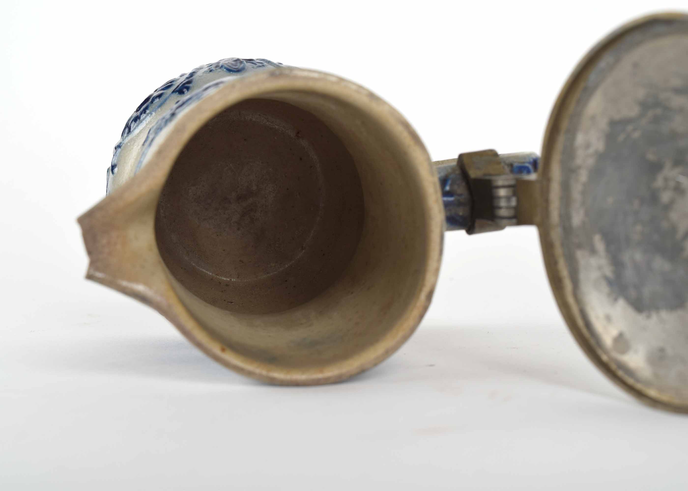 Antique Pewter Lid Blue and Grey Whites Utica Stoneware Pitcher with Children Playing Tug of War