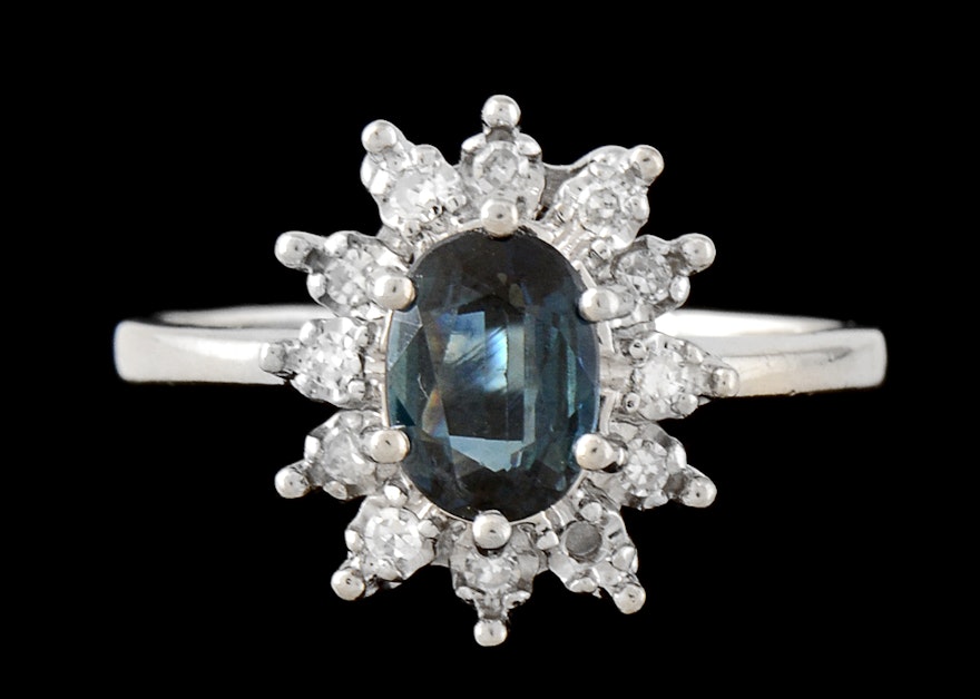 14K White Gold Diamond and Sapphire Cocktail Ring