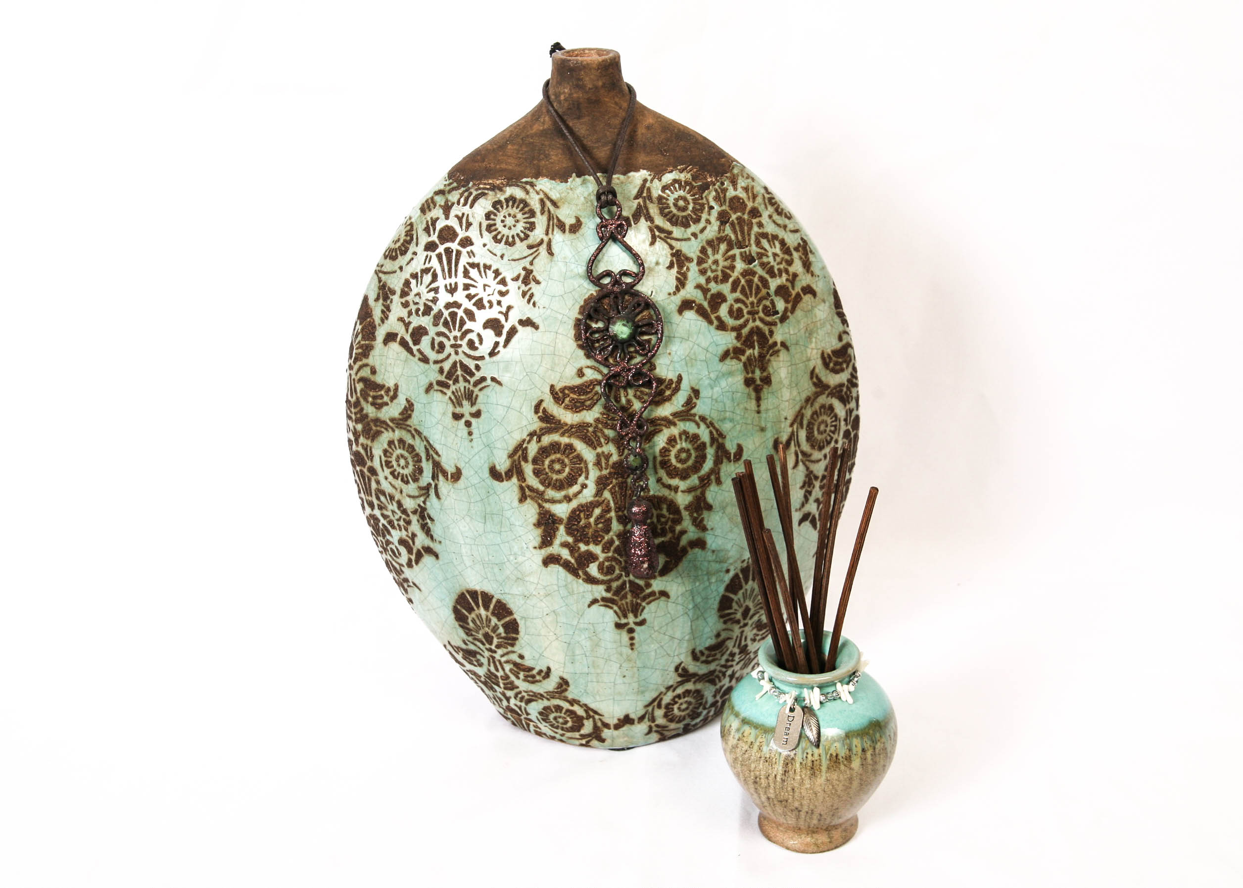 Brown and Teal Vase Duo