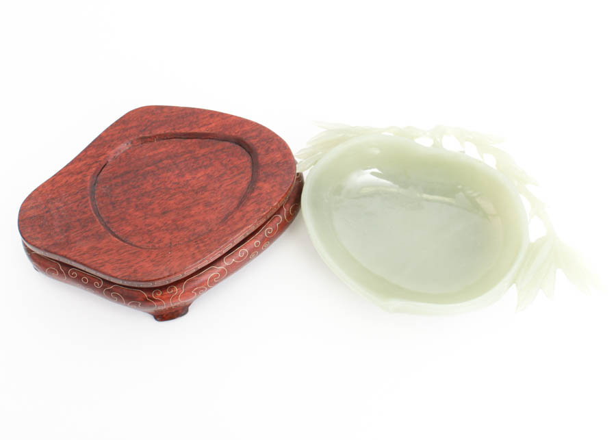 Chinese Nephrite Dish with Carved Wood Stand