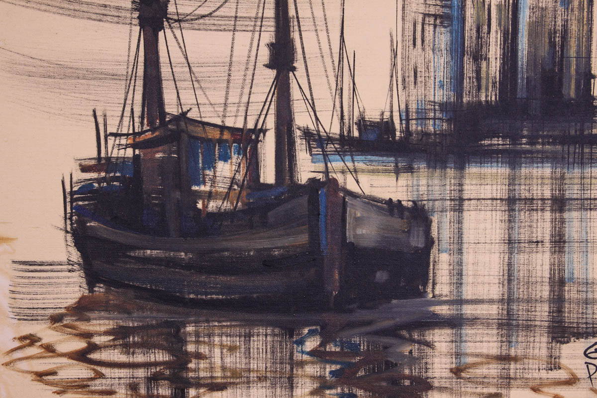 Gaston Pierre Original Acrylic on Canvas of Harbor Scene