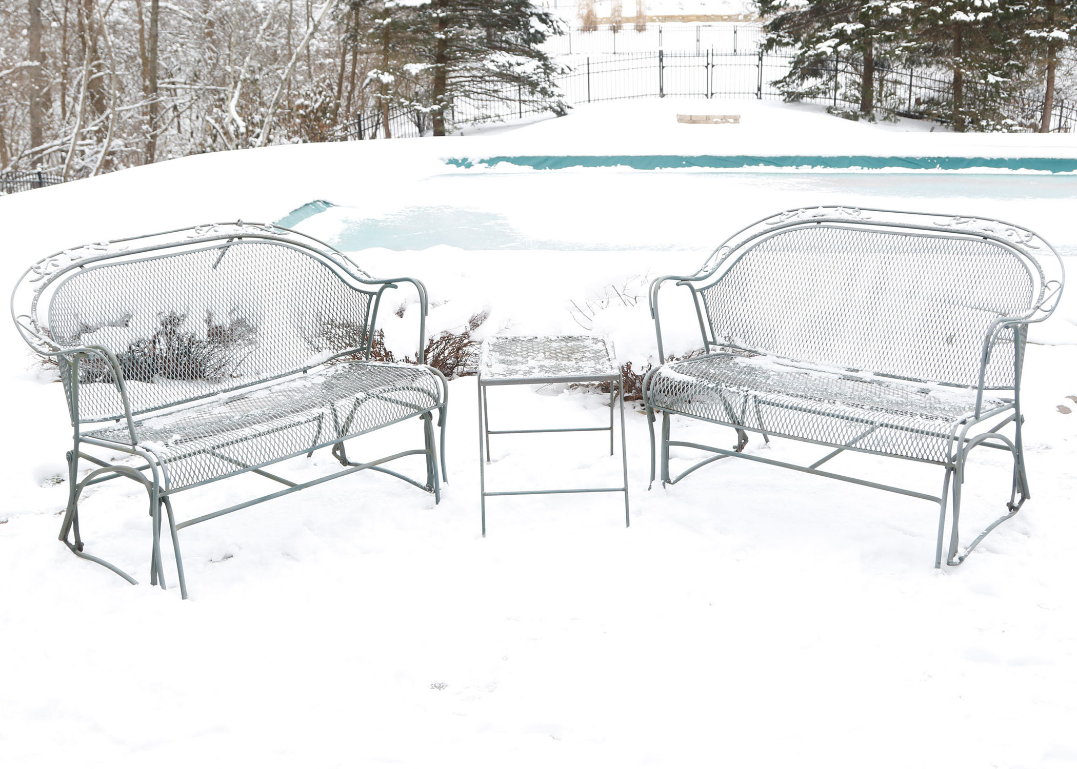 Set of Two Wrought Iron Patio Gliders with Side Table