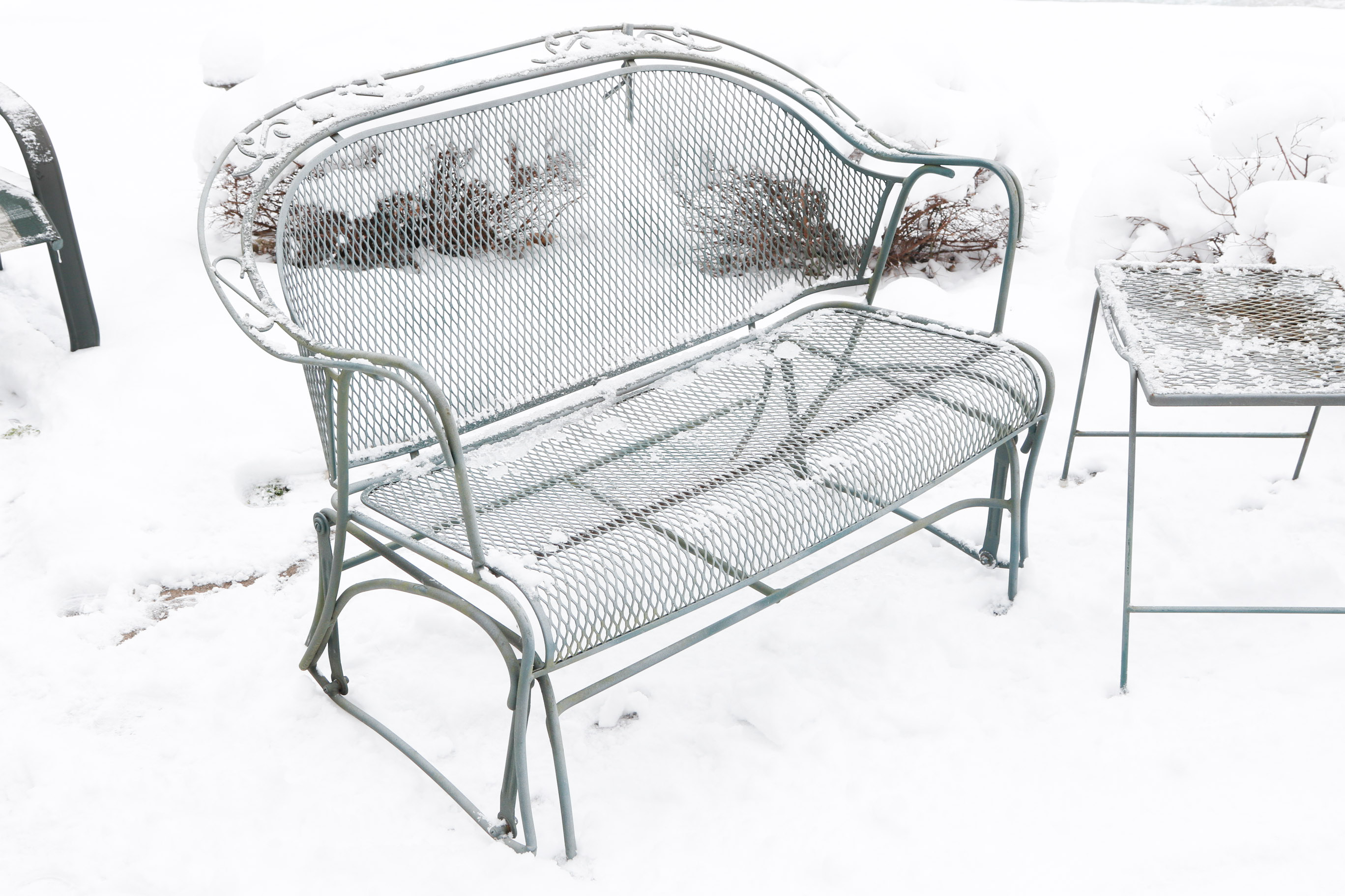 Set of Two Wrought Iron Patio Gliders with Side Table