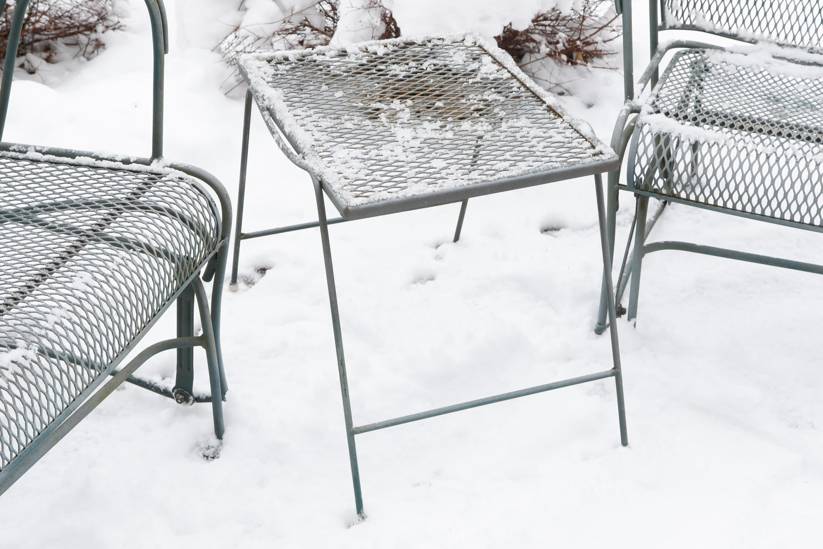 Set of Two Wrought Iron Patio Gliders with Side Table