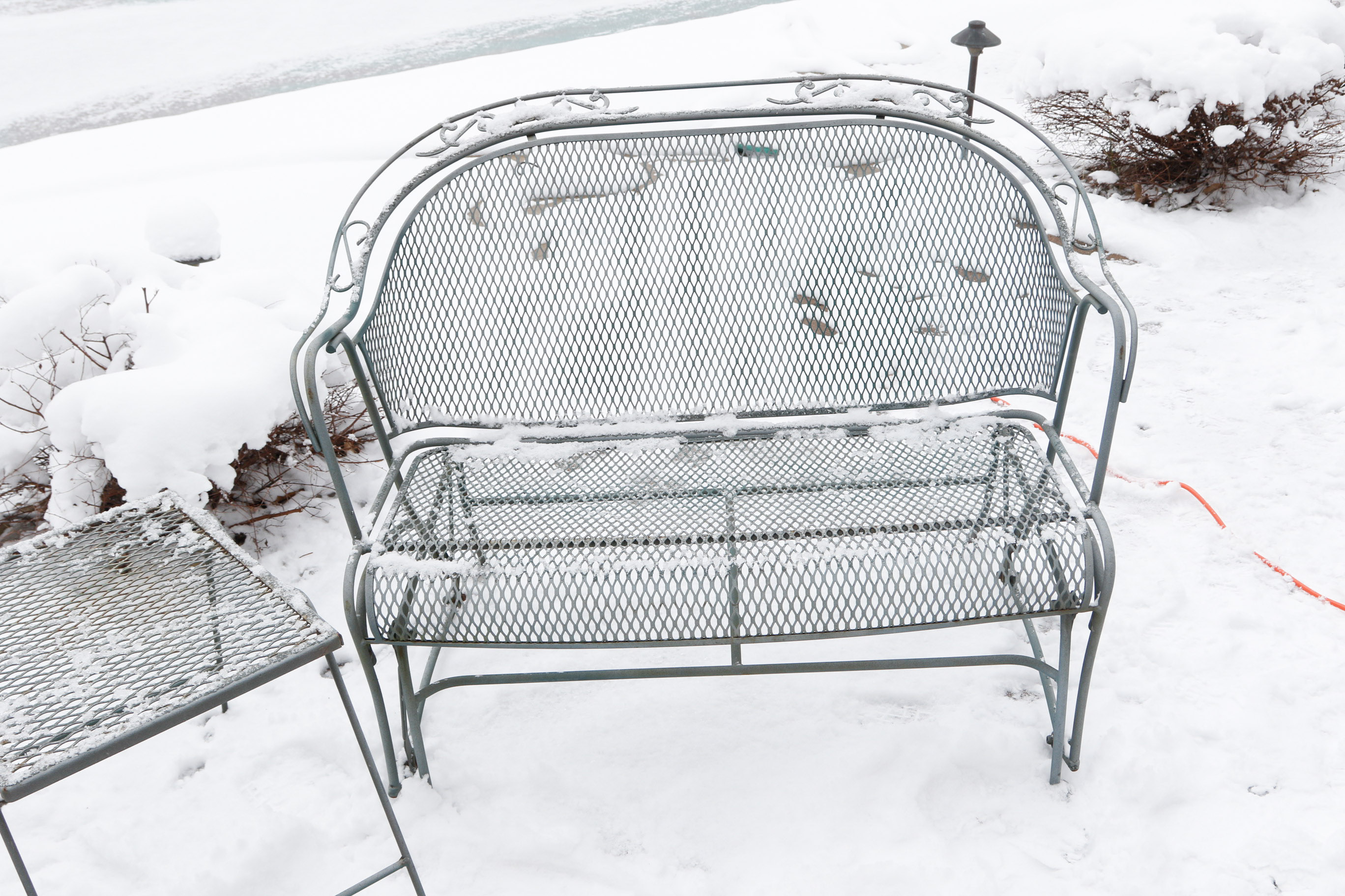 Set of Two Wrought Iron Patio Gliders with Side Table
