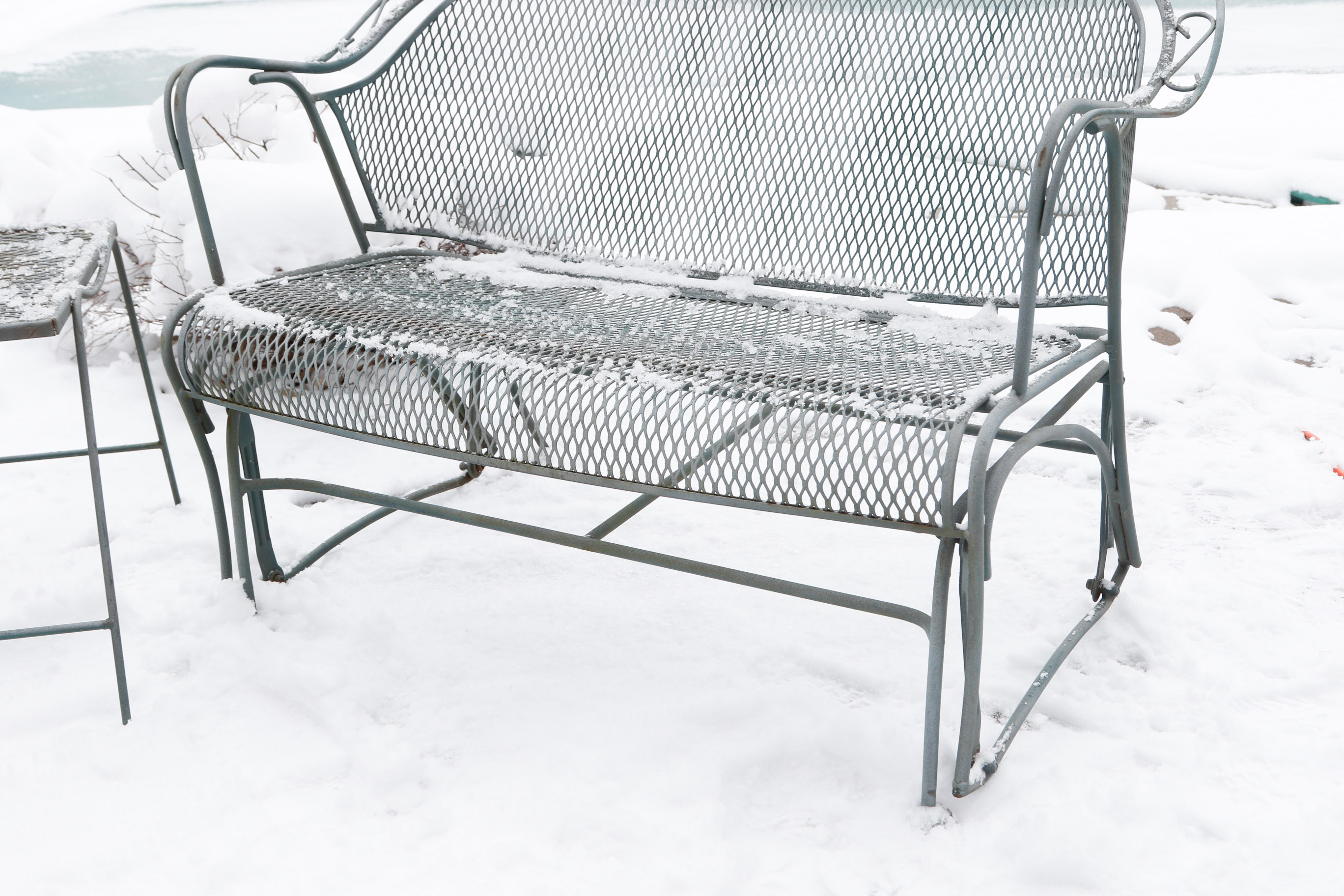 Set of Two Wrought Iron Patio Gliders with Side Table