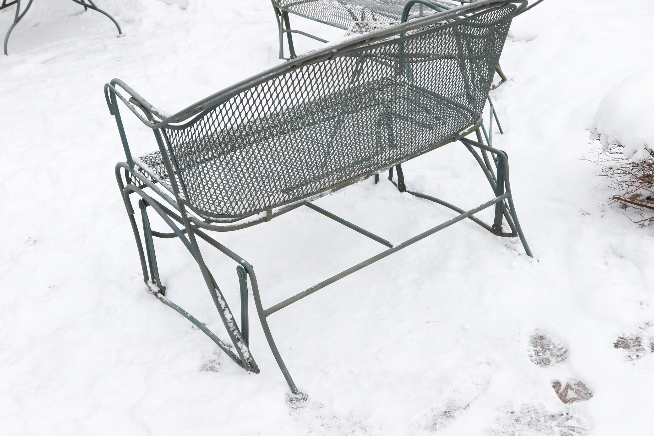 Set of Two Wrought Iron Patio Gliders with Side Table