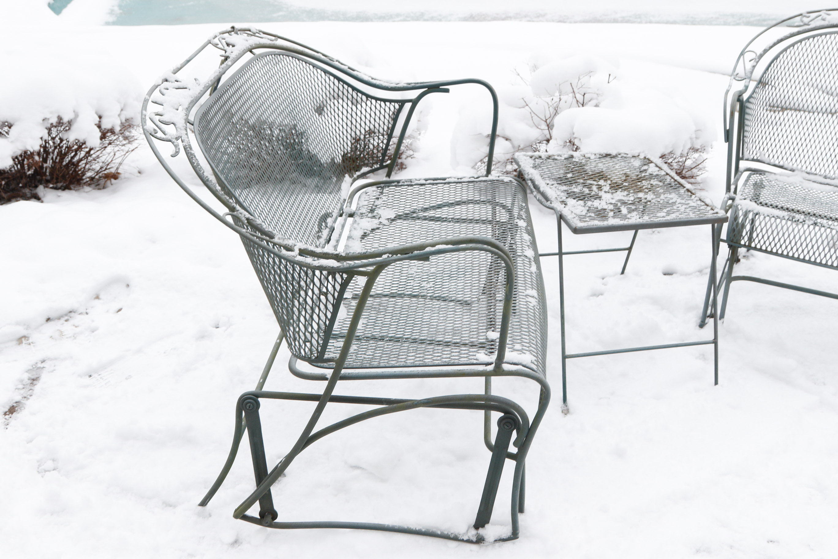 Set of Two Wrought Iron Patio Gliders with Side Table