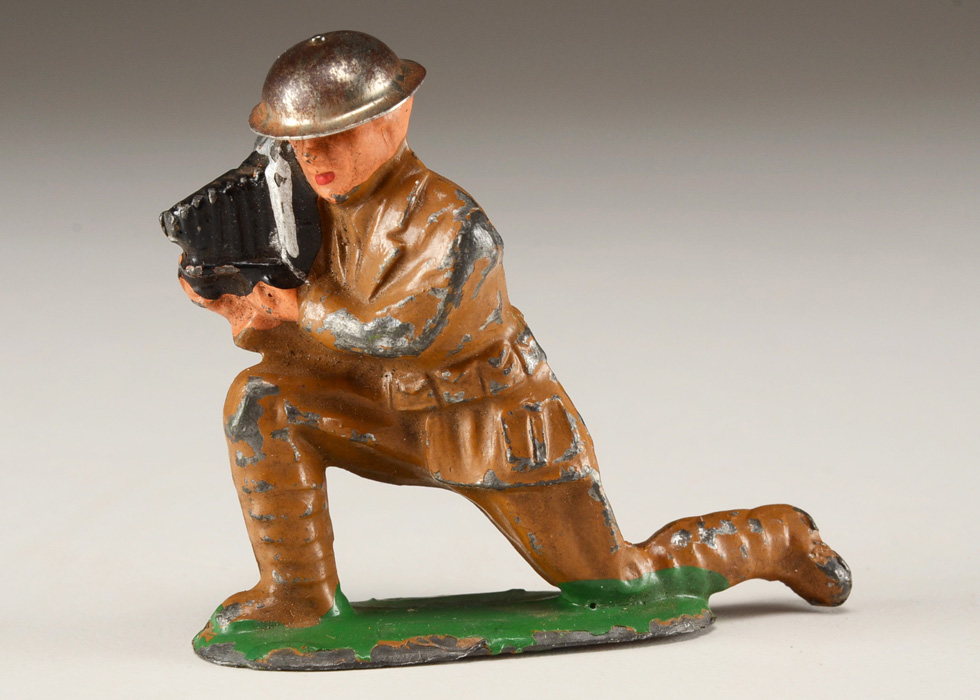 Vintage Barclay Lead Toy "Cameraman Kneeling with Tin Helmet"