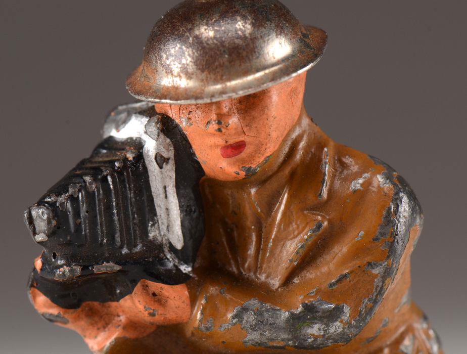 Vintage Barclay Lead Toy "Cameraman Kneeling with Tin Helmet"