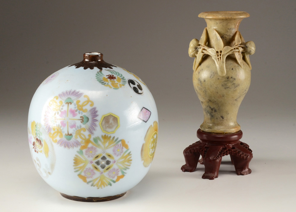 Asian Carved Soapstone Vase and Round Hand Painted Porcelain Vase