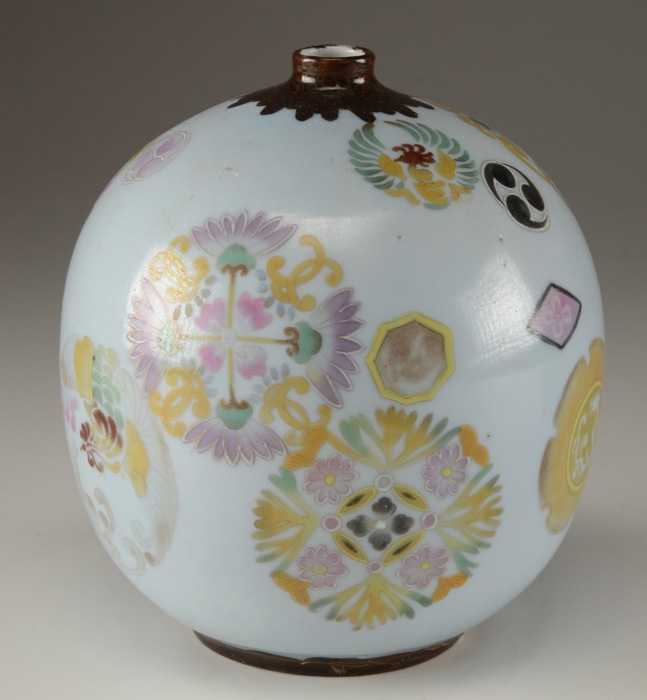 Asian Carved Soapstone Vase and Round Hand Painted Porcelain Vase