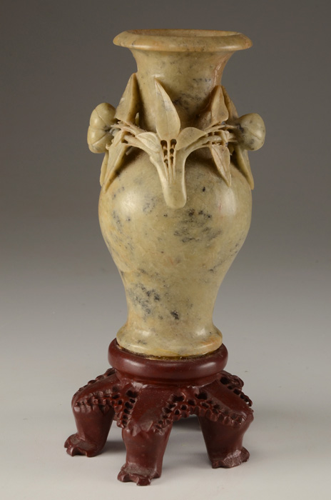 Asian Carved Soapstone Vase and Round Hand Painted Porcelain Vase