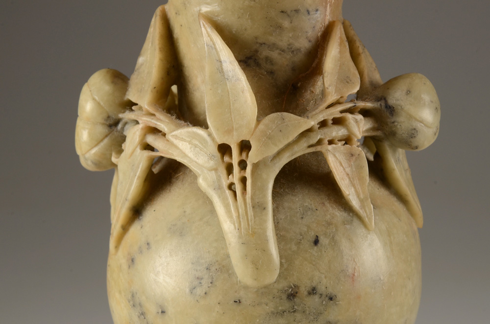 Asian Carved Soapstone Vase and Round Hand Painted Porcelain Vase