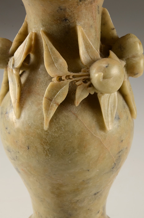 Asian Carved Soapstone Vase and Round Hand Painted Porcelain Vase