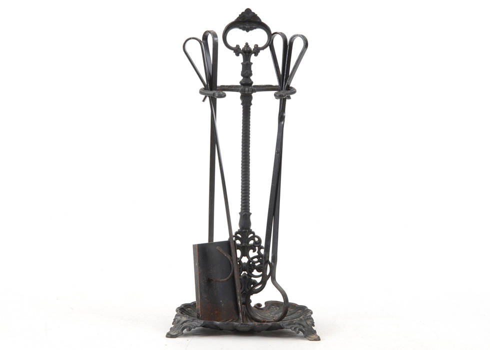 Antique Cast Fireplace Stand with Steel Tools