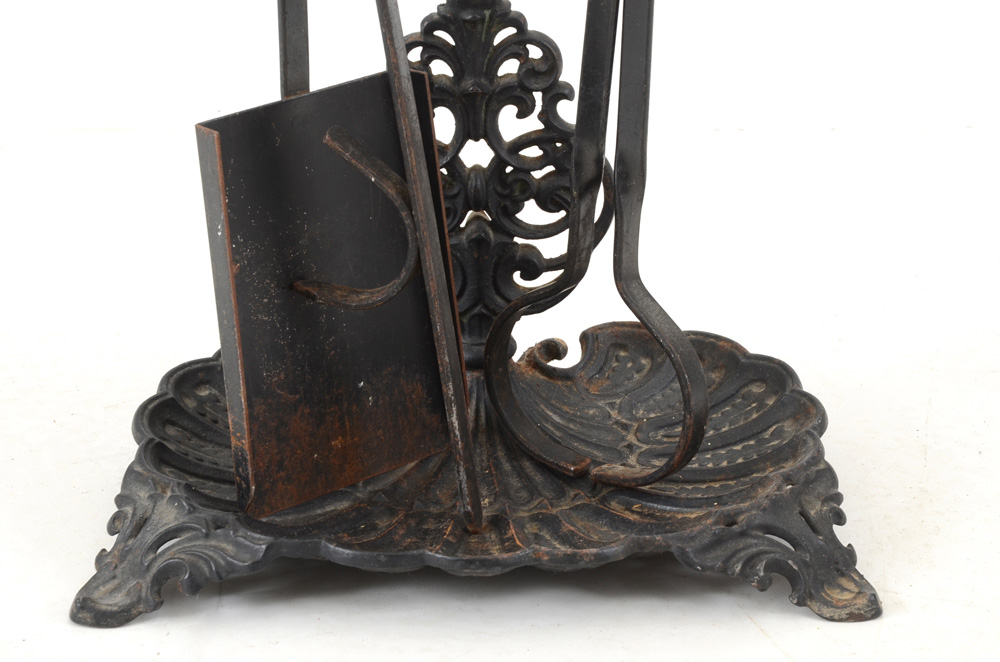 Antique Cast Fireplace Stand with Steel Tools
