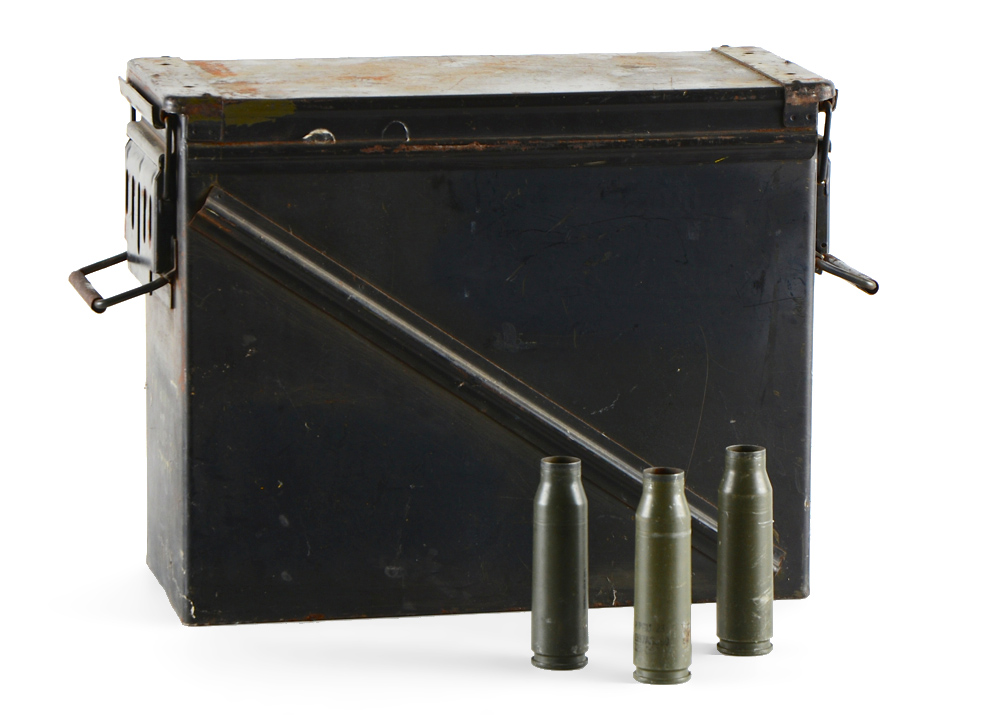 Vietnam War Era Minigun Ammunition Box and 25mm Cartridges