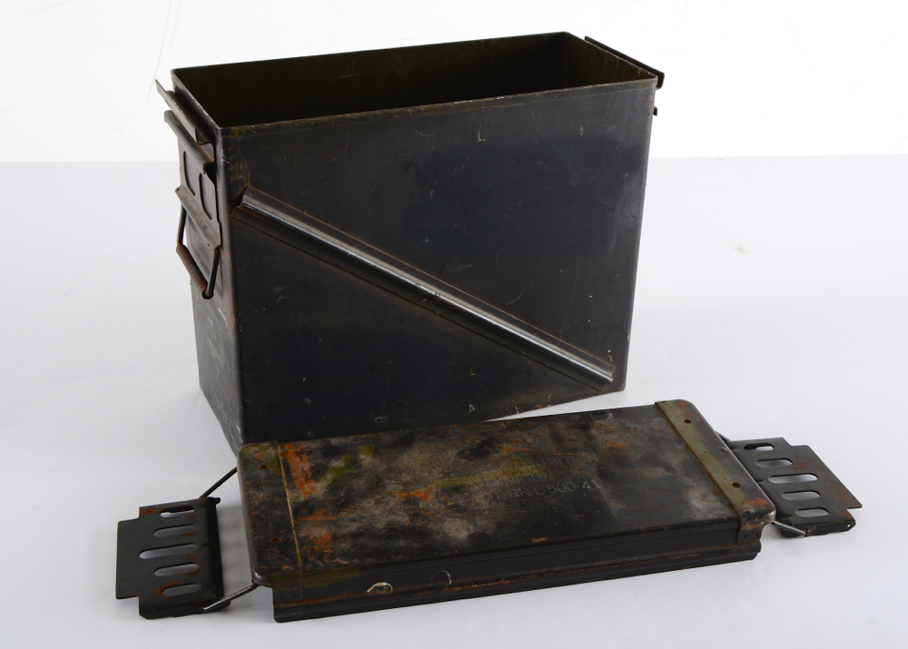 Vietnam War Era Minigun Ammunition Box and 25mm Cartridges