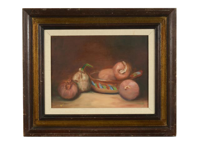 Original Oil Painting of Still Life with Onions, Signed Evie