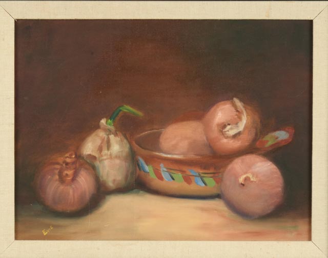 Original Oil Painting of Still Life with Onions, Signed Evie
