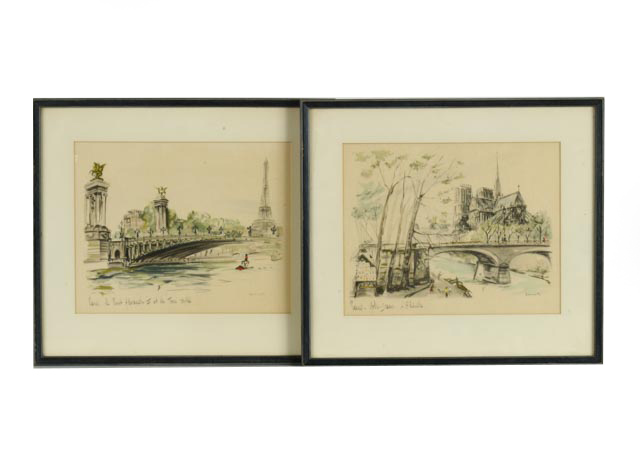 Pair of Janicotte Hand-Colored Stone Lithographs of Paris