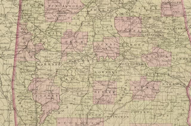 1866 J.H. Colton Map of Alabama
