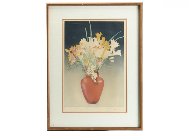 Gary Alan Bukovnik Aquatint Etching "Fresia in a Red Vase"