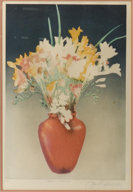 Gary Alan Bukovnik Aquatint Etching "Fresia in a Red Vase"