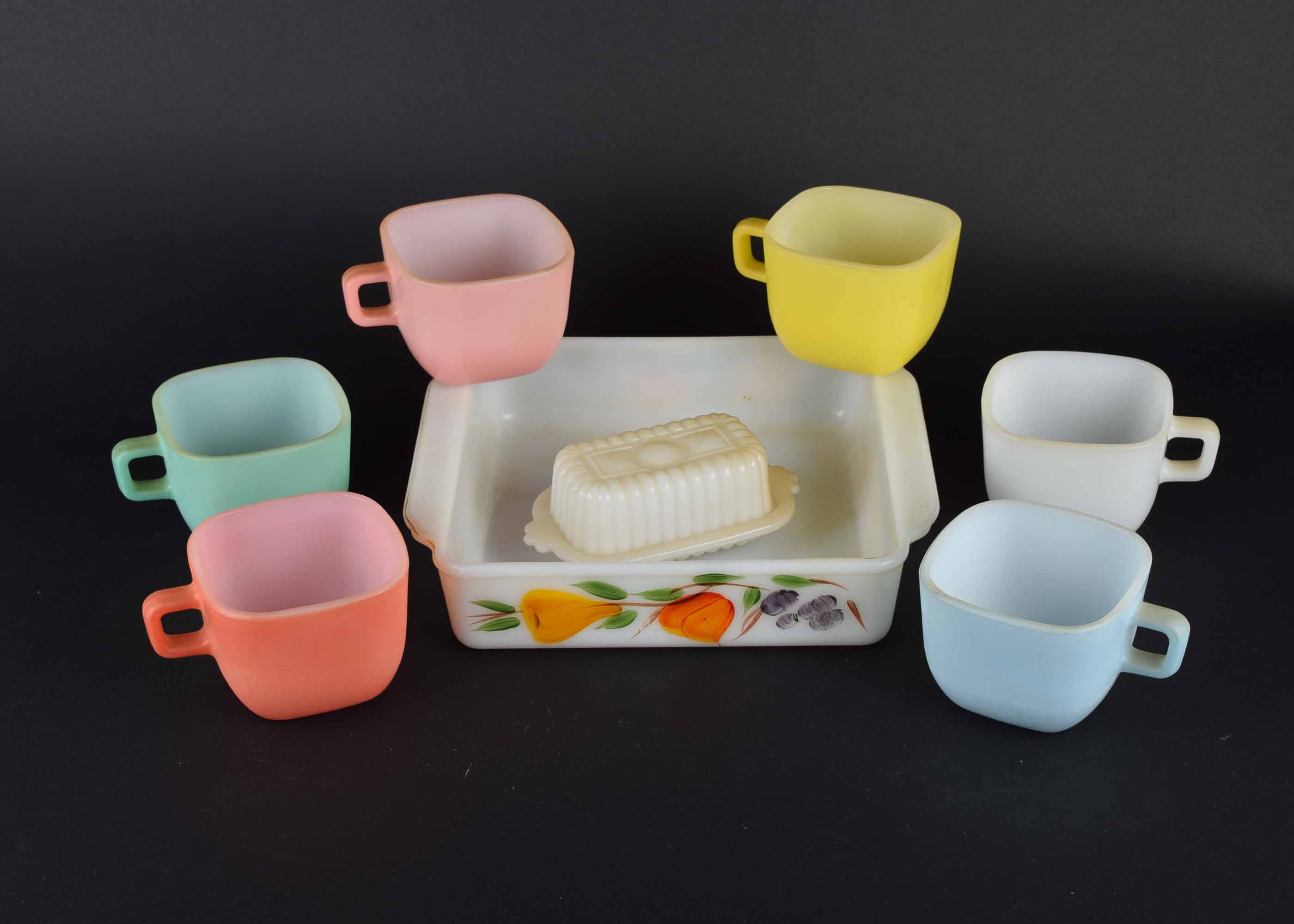 Six Glasbake Mugs, Fire King Casserole and Vintage Butter Dish