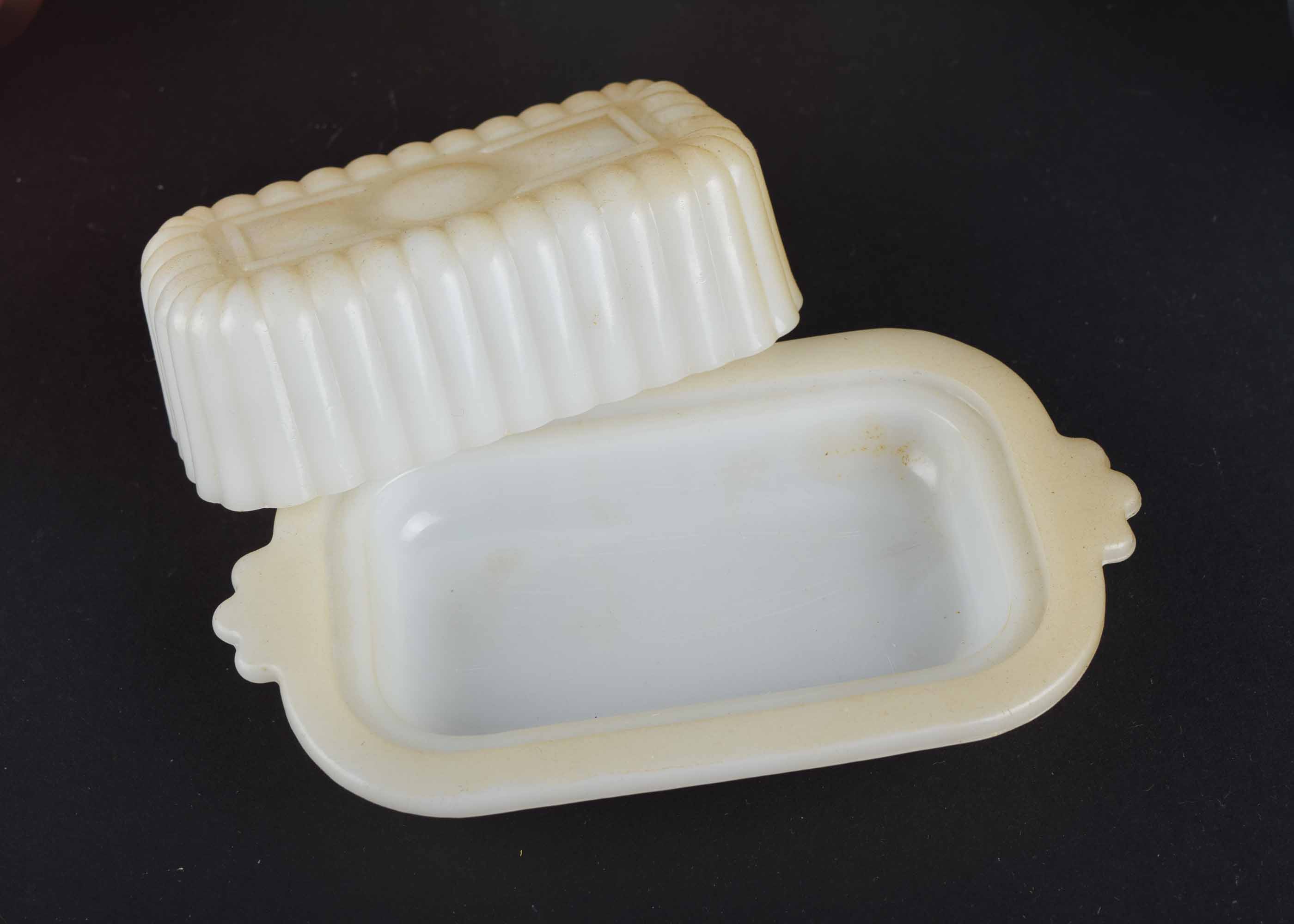 Six Glasbake Mugs, Fire King Casserole and Vintage Butter Dish