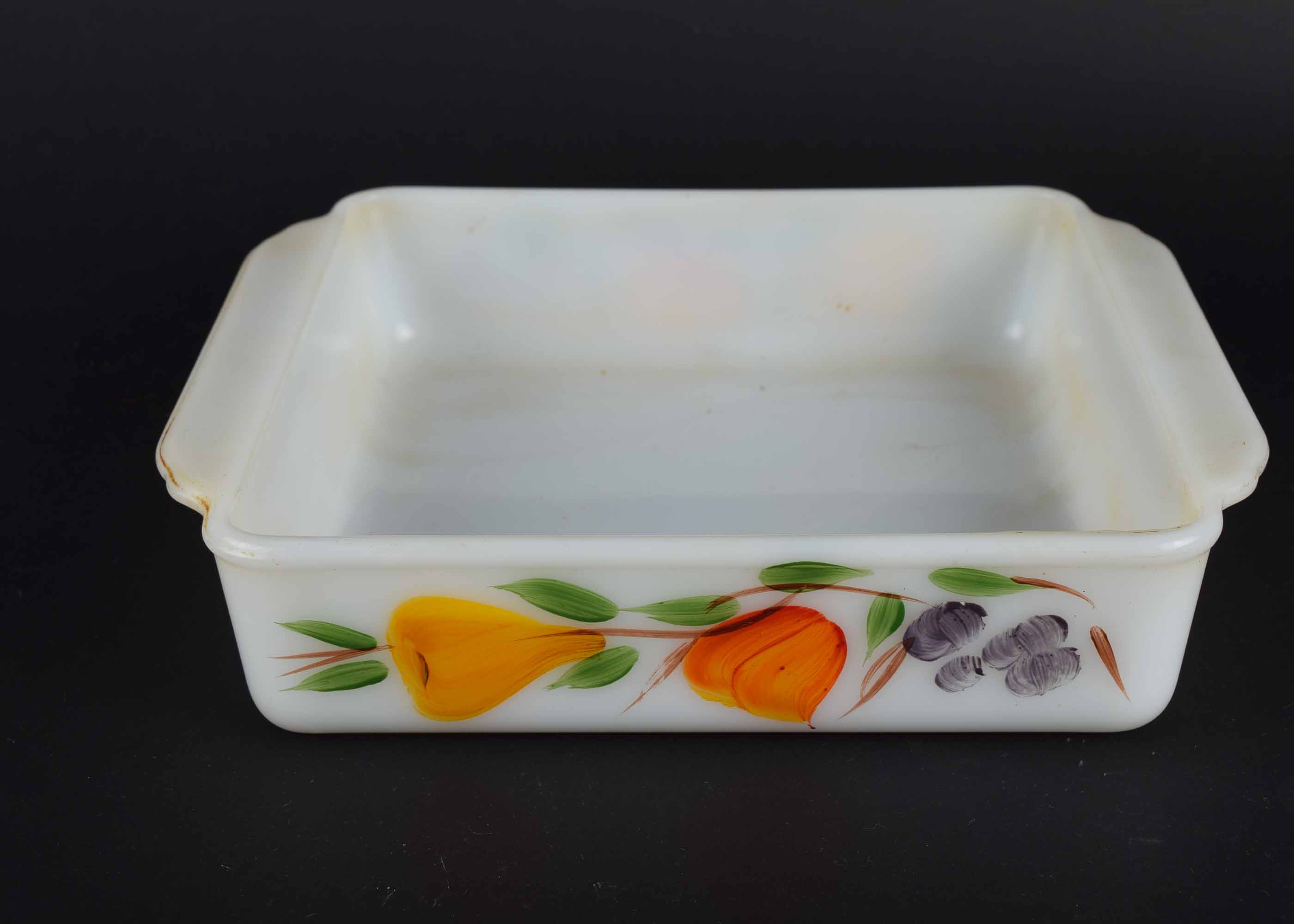 Six Glasbake Mugs, Fire King Casserole and Vintage Butter Dish