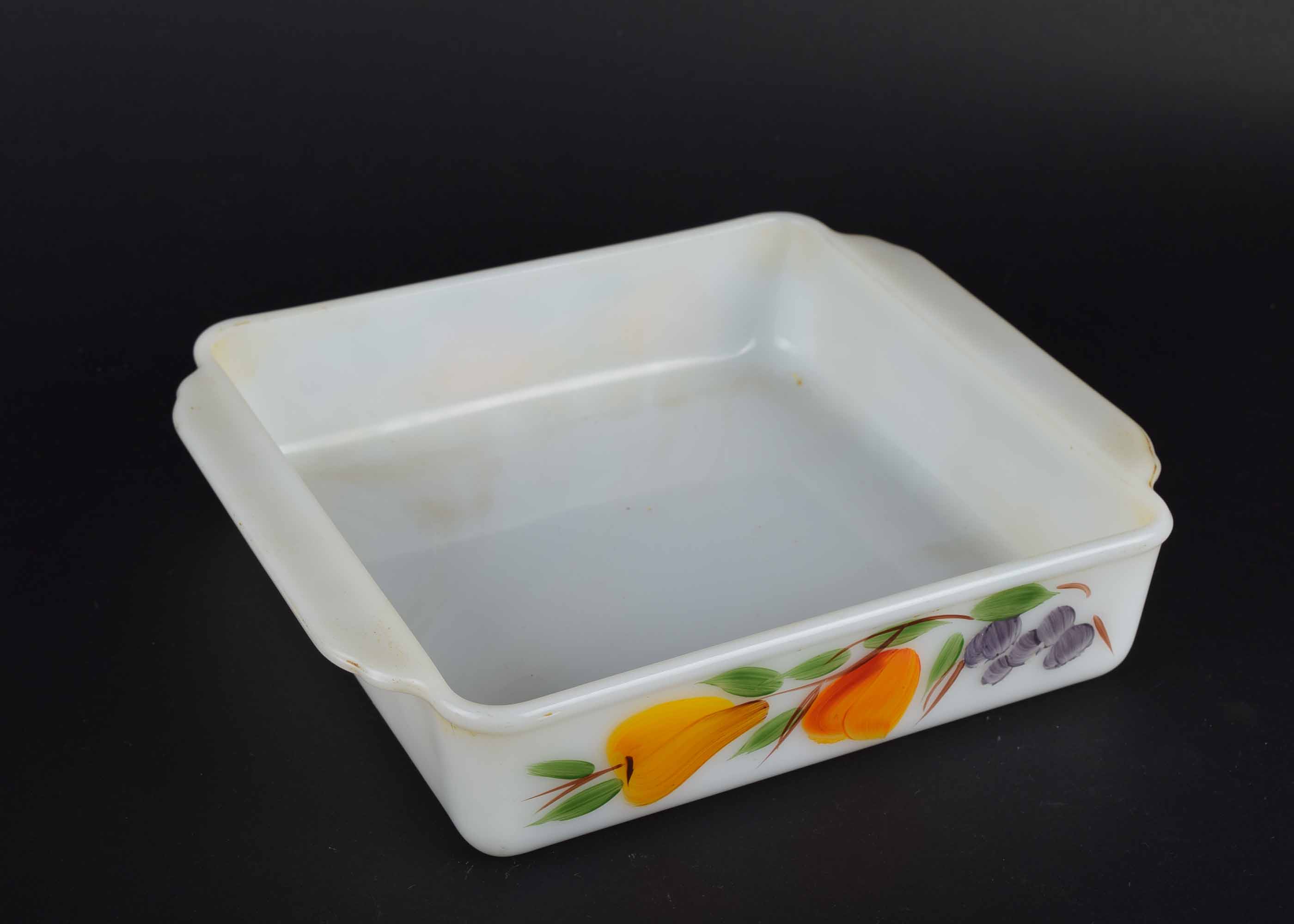 Six Glasbake Mugs, Fire King Casserole and Vintage Butter Dish