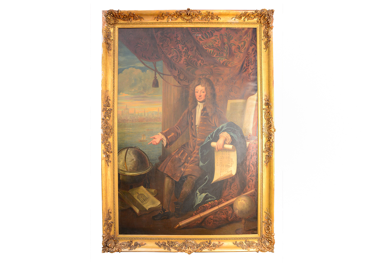 Large 8.5' Antique Portrait of Sir Christopher Wren Oil on Canvas