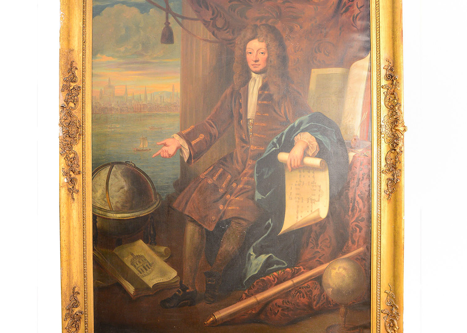 Large 8.5' Antique Portrait of Sir Christopher Wren Oil on Canvas