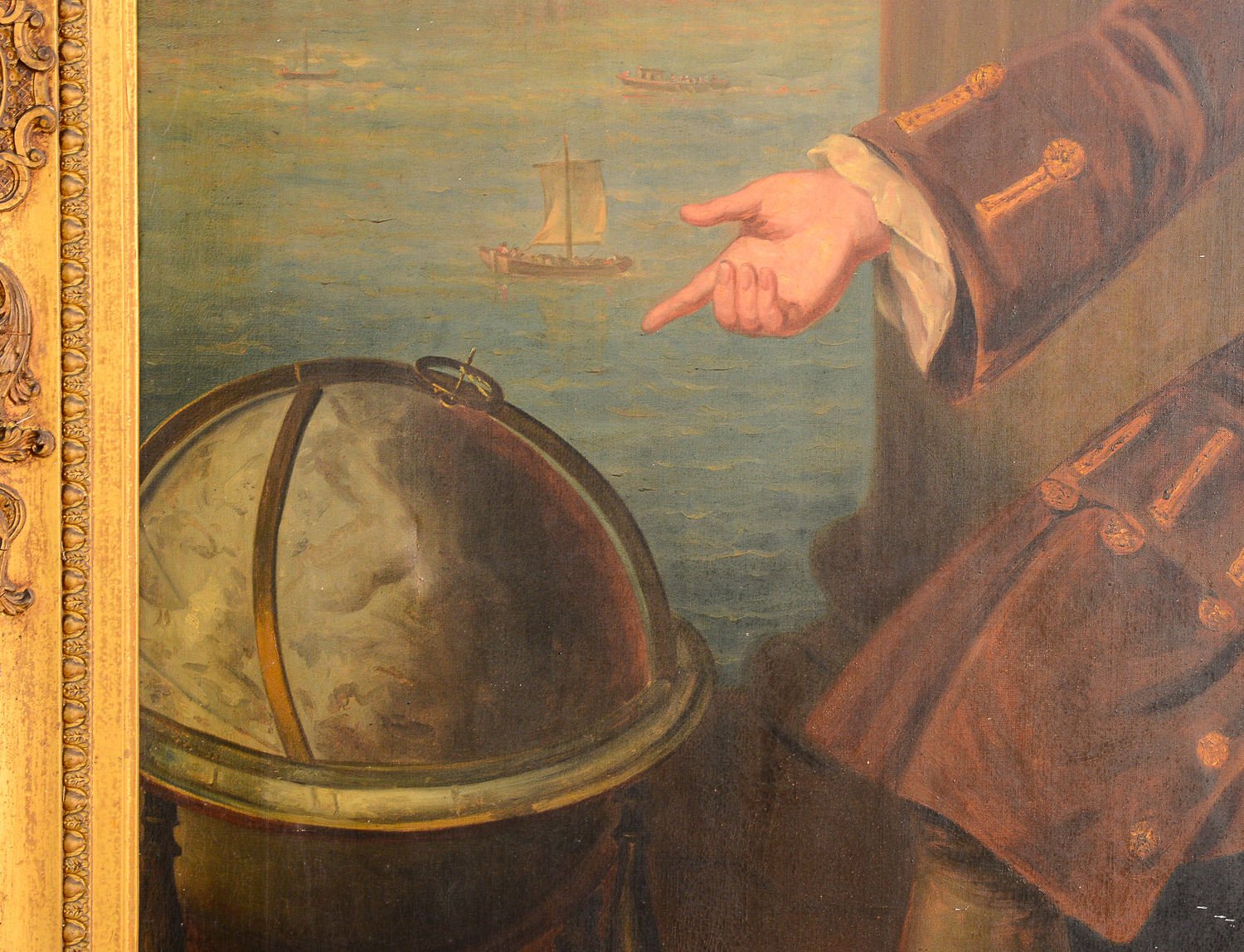 Large 8.5' Antique Portrait of Sir Christopher Wren Oil on Canvas