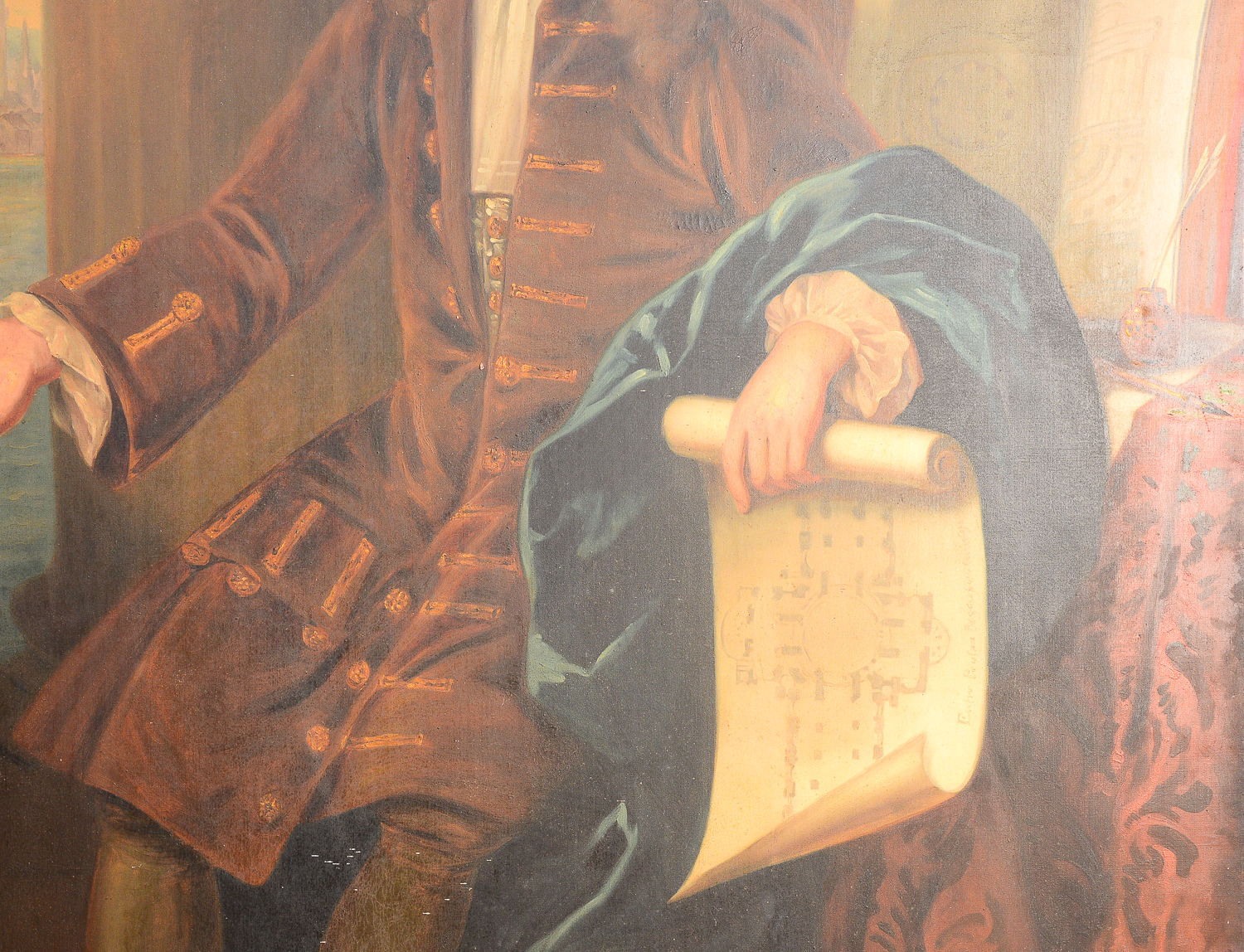 Large 8.5' Antique Portrait of Sir Christopher Wren Oil on Canvas