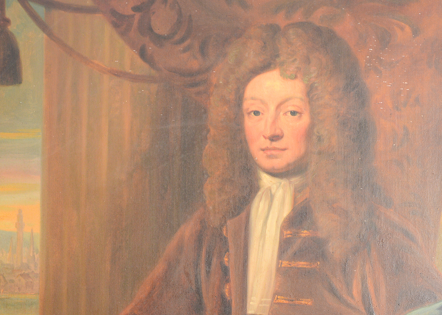 Large 8.5' Antique Portrait of Sir Christopher Wren Oil on Canvas