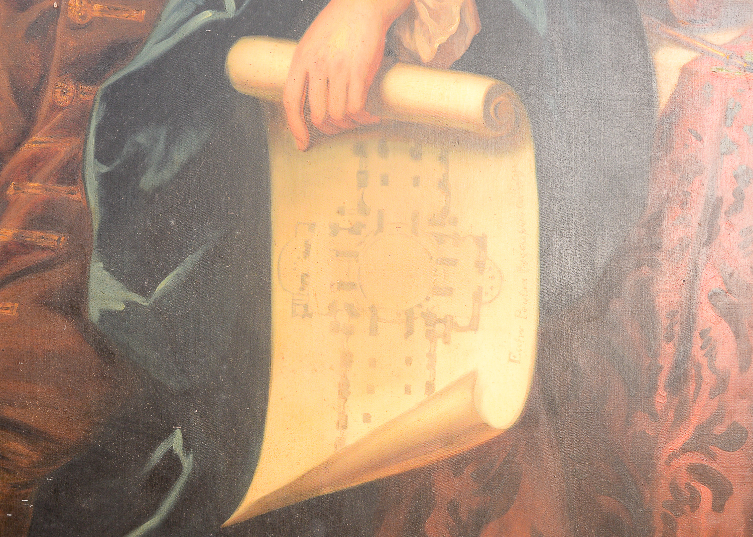 Large 8.5' Antique Portrait of Sir Christopher Wren Oil on Canvas