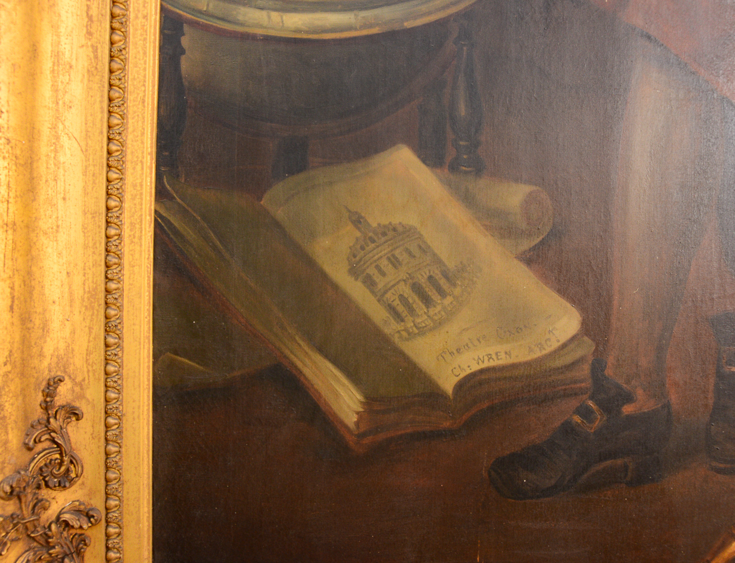 Large 8.5' Antique Portrait of Sir Christopher Wren Oil on Canvas