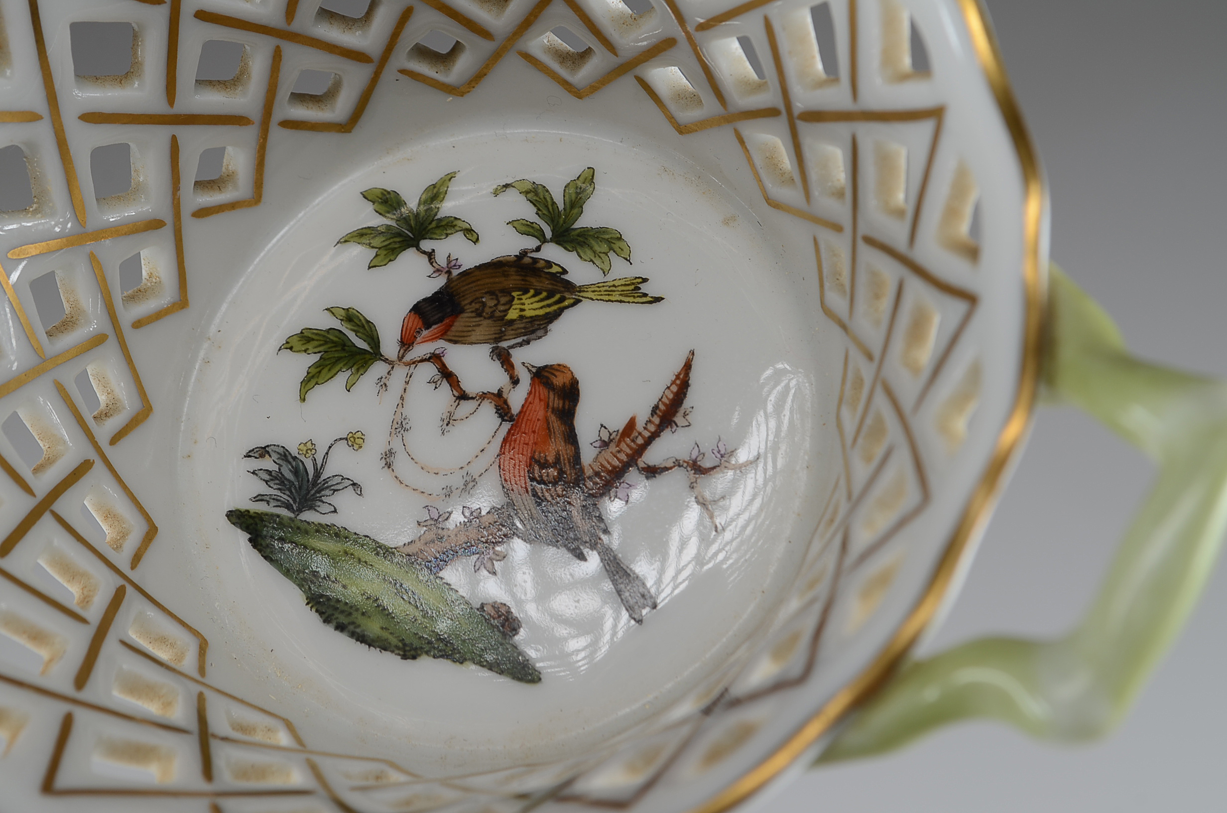 Herend Hungary "Rothschild Bird" Open Weave Basket